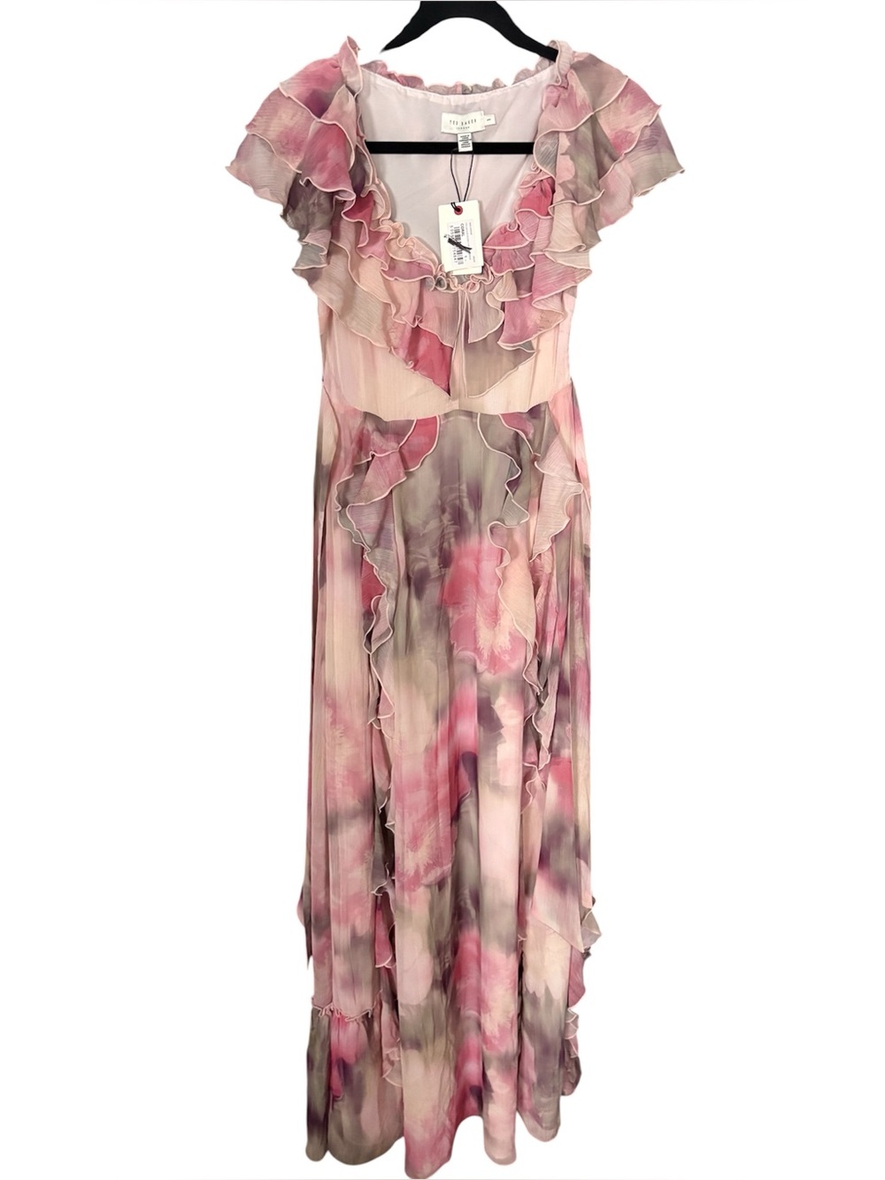 Ted Baker London Pink Ruffled V-Neck Maxi Dress with tie around waist